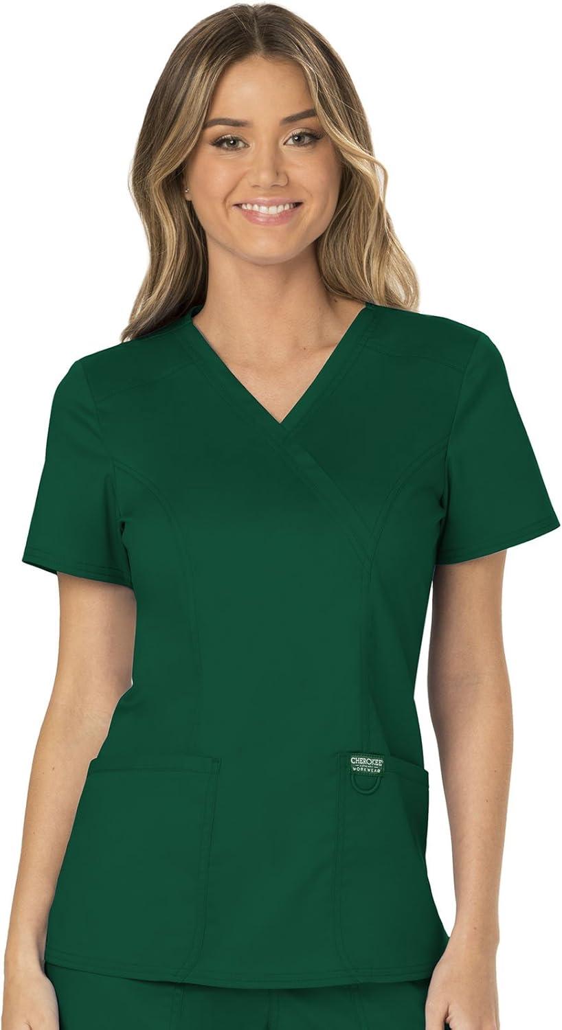 imageCherokee Scrub Set For Women Modern Classic Fit Mock Wrap Top WW610 With Mid Rise Straight Leg Pant WW110Hunter Green