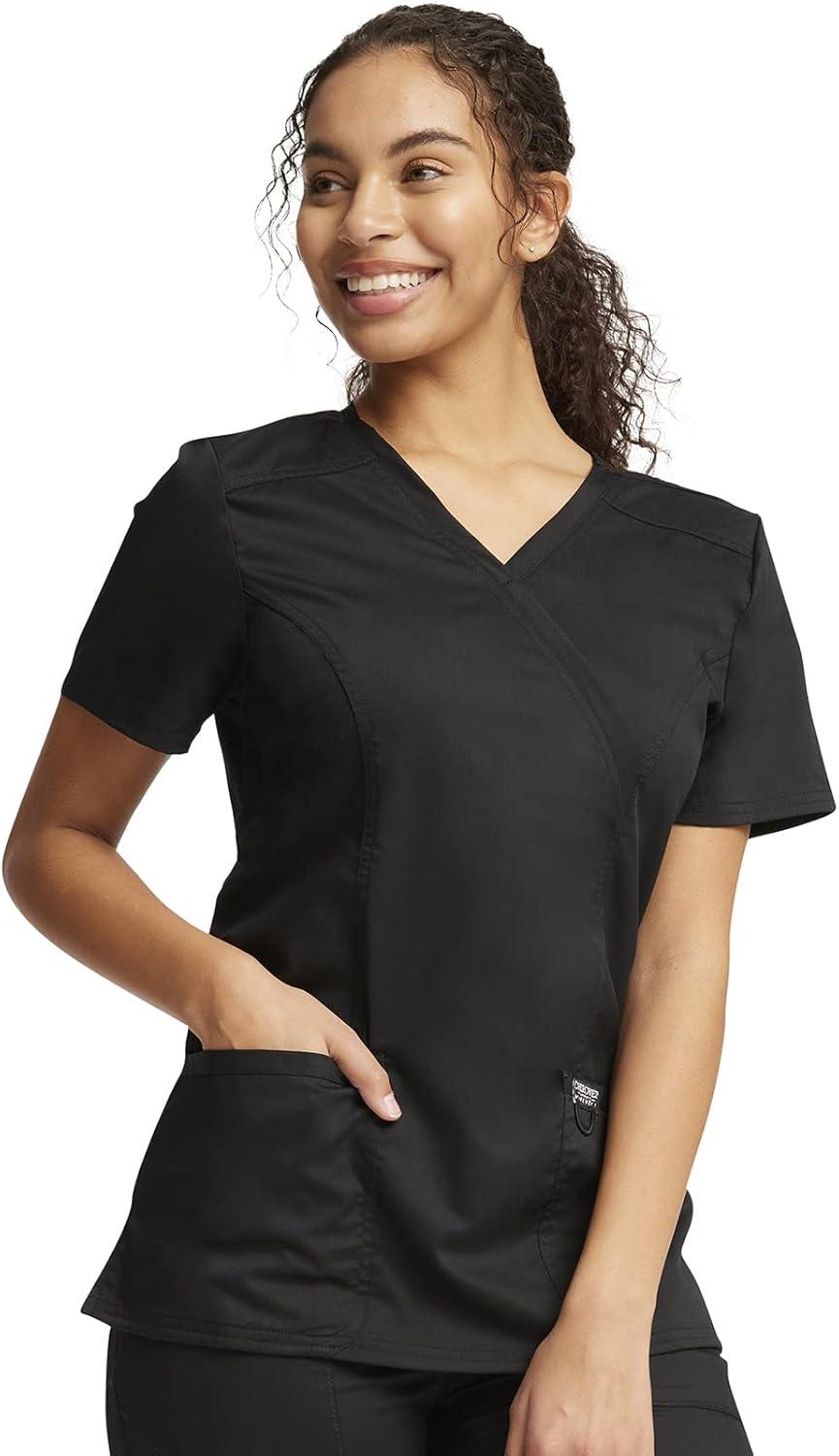 imageCherokee Scrub Set for Women Mock Wrap Top amp Mid Rise Straight Leg Pant Ultra Soft 2Way Stretch Medical Uniform CK00040CBlack