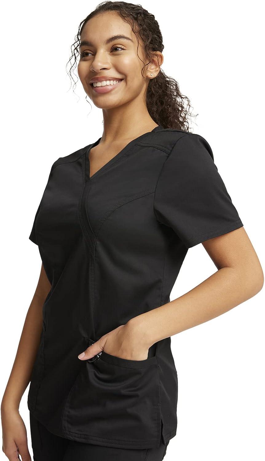 imageCherokee Scrub Set for Women Mock Wrap Top amp Mid Rise Straight Leg Pant Ultra Soft 2Way Stretch Medical Uniform CK00040CBlack