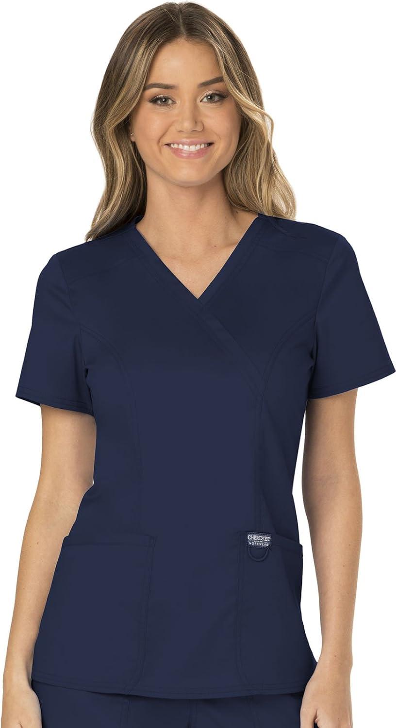imageCherokee Scrub Set for Women Mock Wrap Top amp Mid Rise Straight Leg Pant Ultra Soft 2Way Stretch Medical Uniform CK00040CNavy