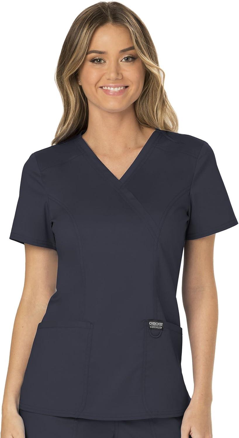 imageCherokee Scrub Set for Women Mock Wrap Top amp Mid Rise Straight Leg Pant Ultra Soft 2Way Stretch Medical Uniform CK00040CPewter