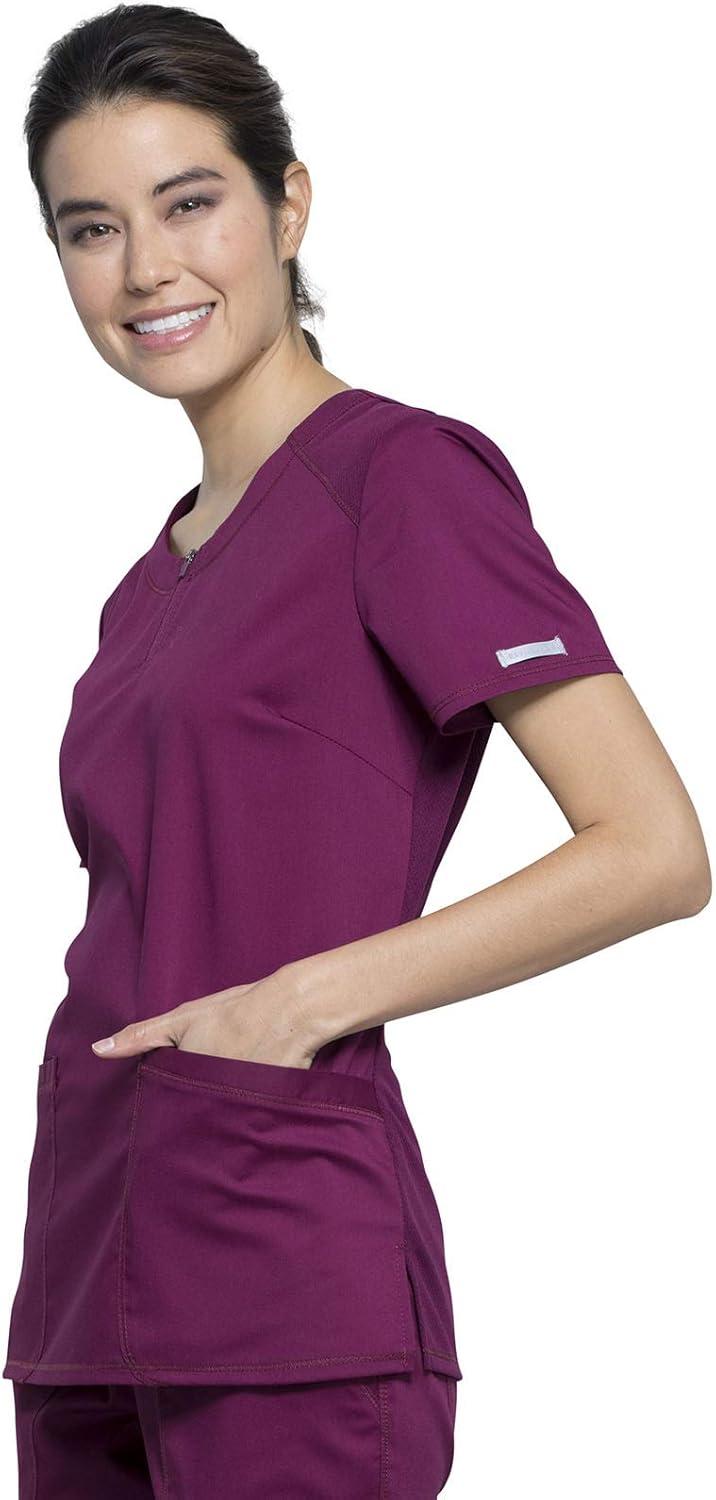 imageCherokee Scrub Set for Women Zip Round Neck Scrub Top WW602 Mid Rise Tapered Leg Drawstring Scrub Pant WW105Wine