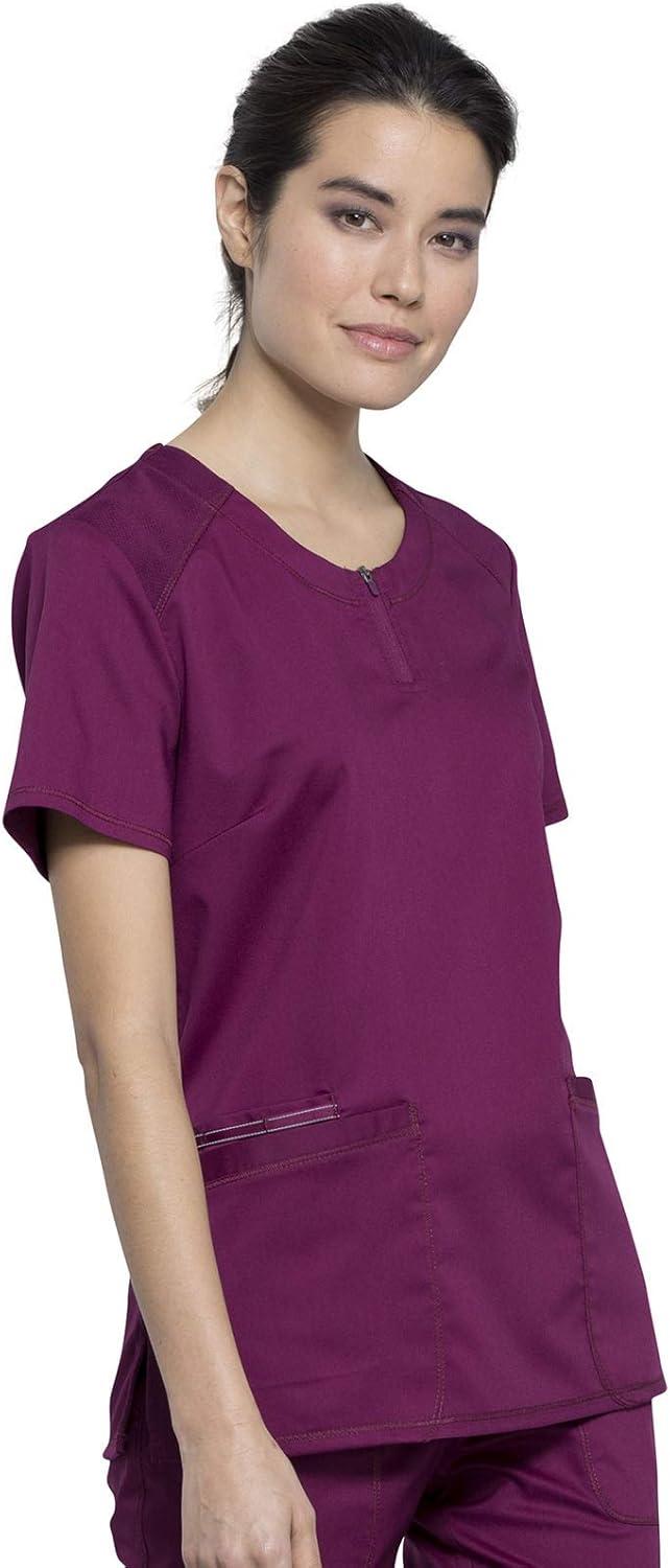 imageCherokee Scrub Set for Women Zip Round Neck Scrub Top WW602 Mid Rise Tapered Leg Drawstring Scrub Pant WW105Wine