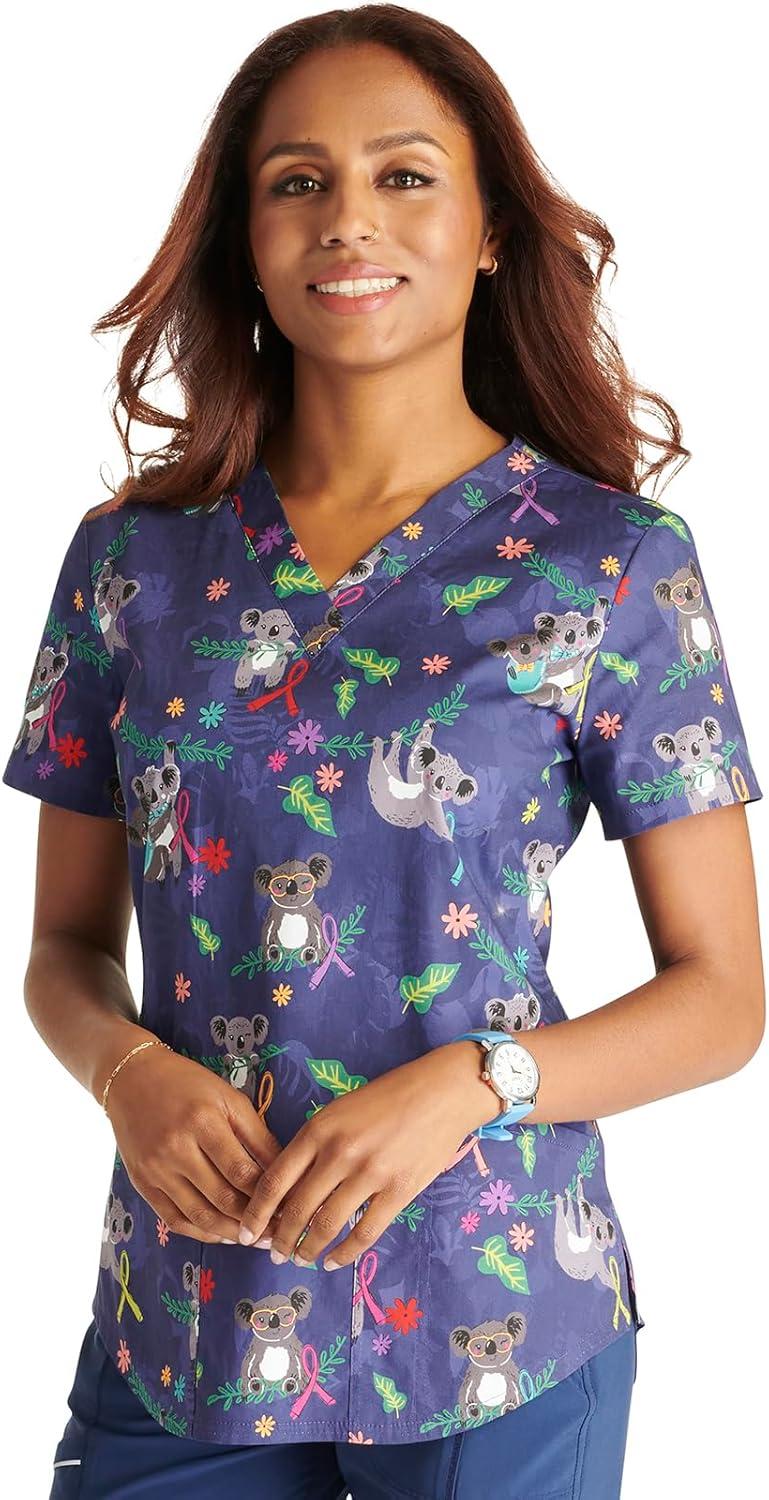 imageCherokee Scrubs for Women VNeck Printed Scrub Top Modern Classic Fit with 3 Pockets Shaping Darts amp Side Vents CK664Koalas Care