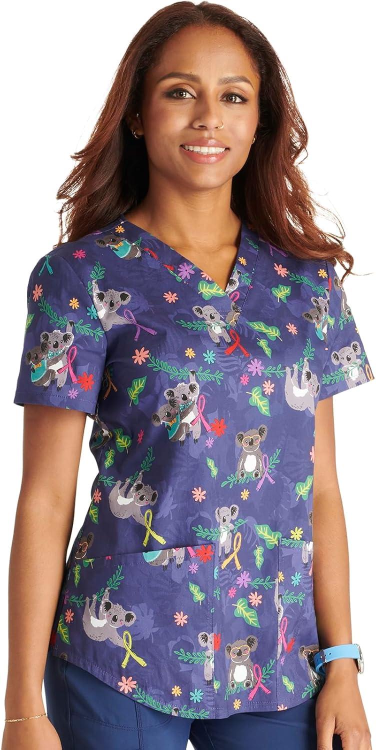 imageCherokee Scrubs for Women VNeck Printed Scrub Top Modern Classic Fit with 3 Pockets Shaping Darts amp Side Vents CK664Koalas Care