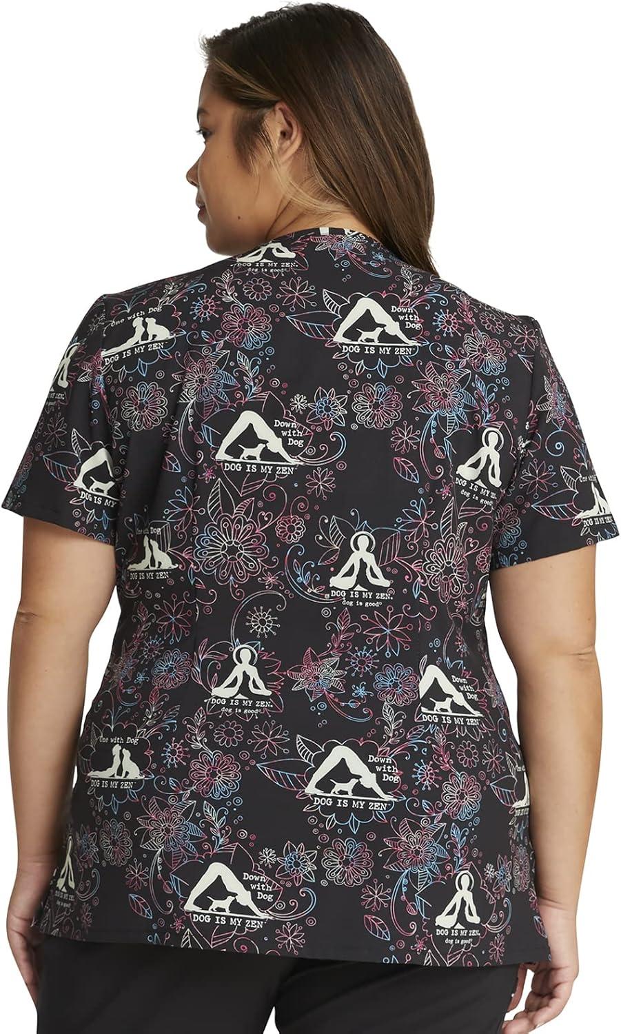 imageCherokee Scrubs for Women VNeck Printed Top Modern Classic Fit with 3 Pockets Knit Details amp Side Vents CK678Dog is My Zen