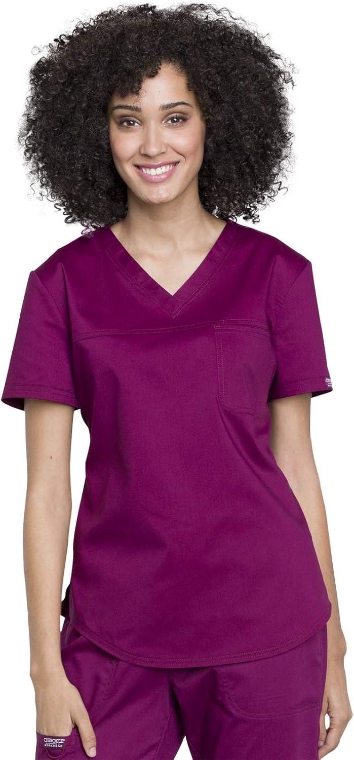 imageCherokee Women Scrub Set VNeck OR Top WW657 Natural Rise Jogger Scrub Pant with Elasticized Waistband WW011Wine