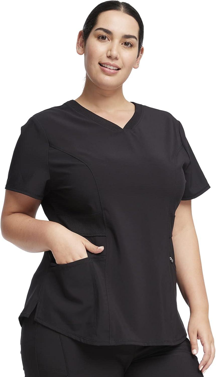 imageCherokee Women Scrub Sets Contemporary Fit 3 Pocket Rib Knit Panel Top CK623A 4 Pocket Low Rise Straight Leg Pant 1123ABlack