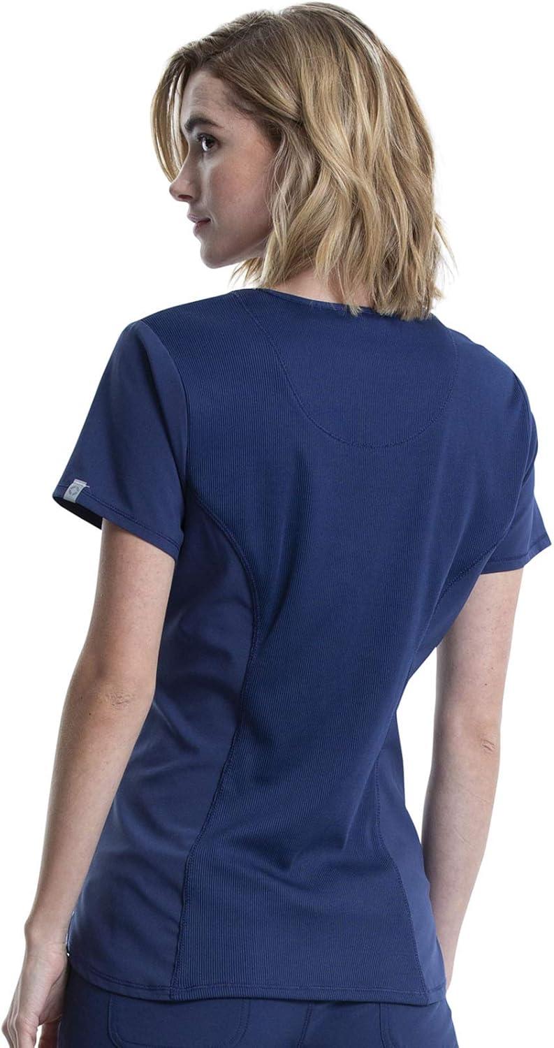 imageCherokee Women Scrub Sets Contemporary Fit 3 Pocket Rib Knit Panel Top CK623A 4 Pocket Low Rise Straight Leg Pant 1123ANavy