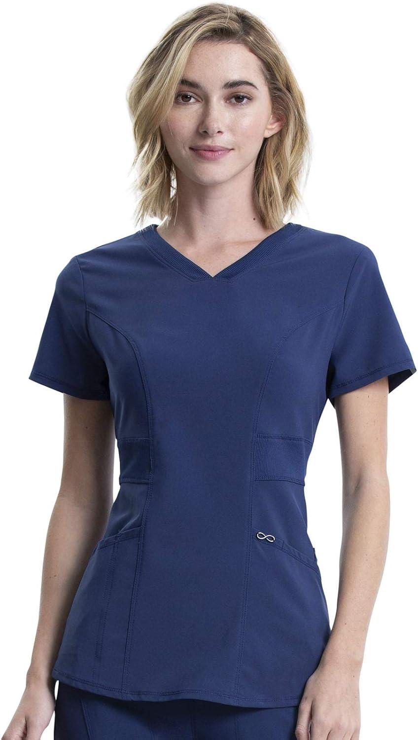 imageCherokee Women Scrub Sets Contemporary Fit 3 Pocket Rib Knit Panel Top CK623A 4 Pocket Low Rise Straight Leg Pant 1123ANavy