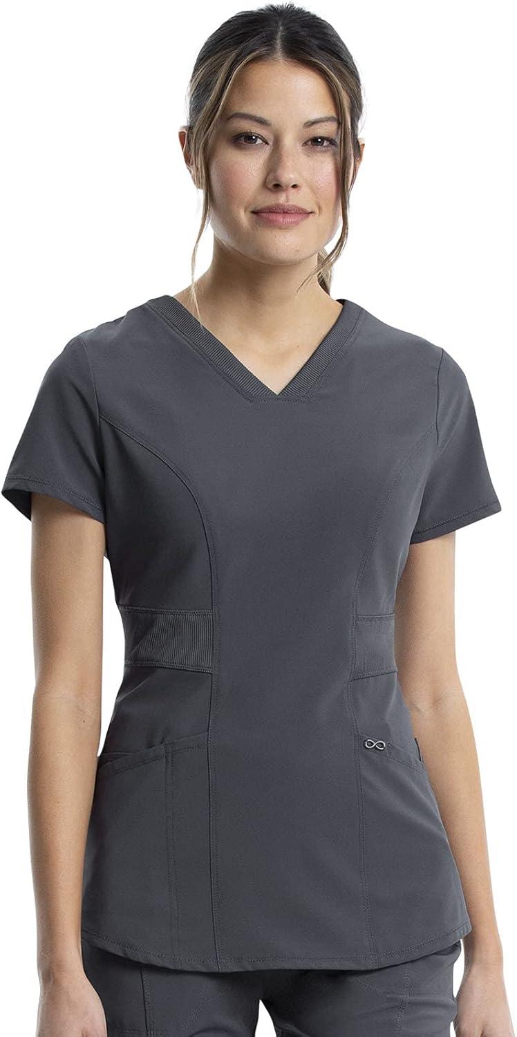 imageCherokee Women Scrub Sets Contemporary Fit 3 Pocket Rib Knit Panel Top CK623A 4 Pocket Low Rise Straight Leg Pant 1123APewter
