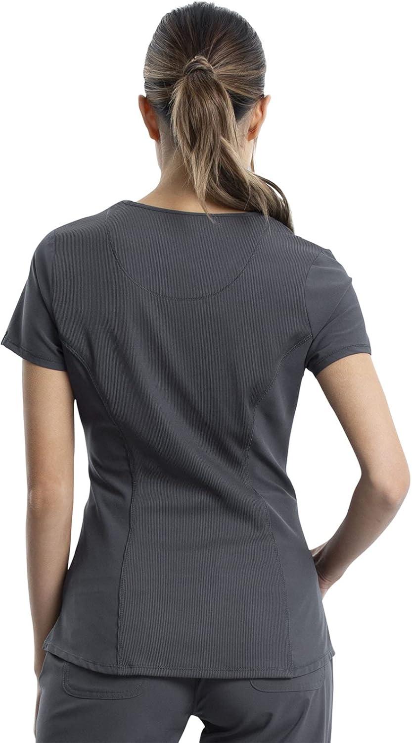 imageCherokee Women Scrub Sets Contemporary Fit 3 Pocket Rib Knit Panel Top CK623A 4 Pocket Low Rise Straight Leg Pant 1123APewter