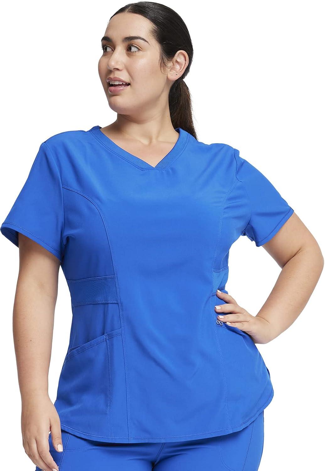 imageCherokee Women Scrub Sets Contemporary Fit 3 Pocket Rib Knit Panel Top CK623A 4 Pocket Low Rise Straight Leg Pant 1123ARoyal
