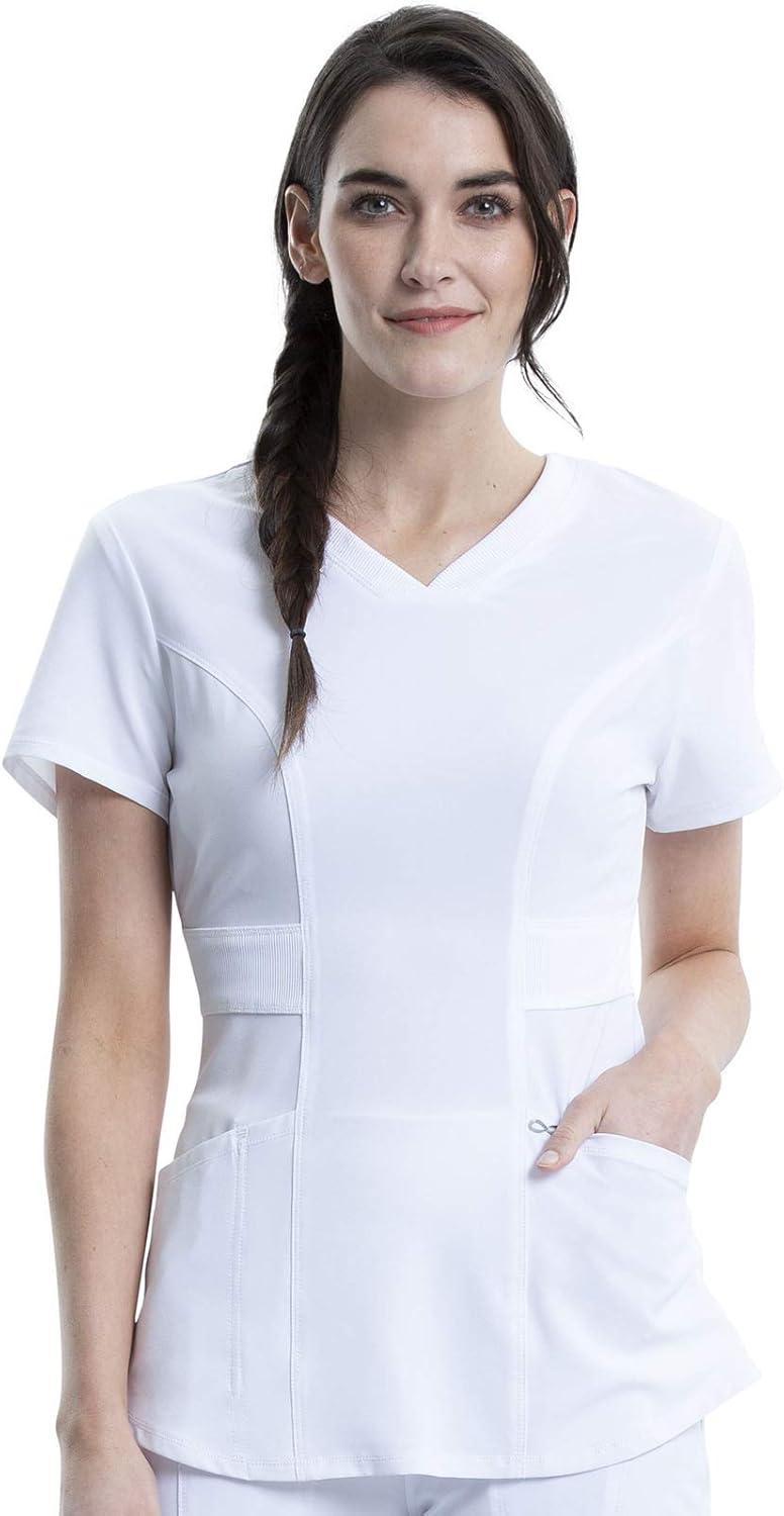 imageCherokee Women Scrub Sets Contemporary Fit 3 Pocket Rib Knit Panel Top CK623A 4 Pocket Low Rise Straight Leg Pant 1123AWhite