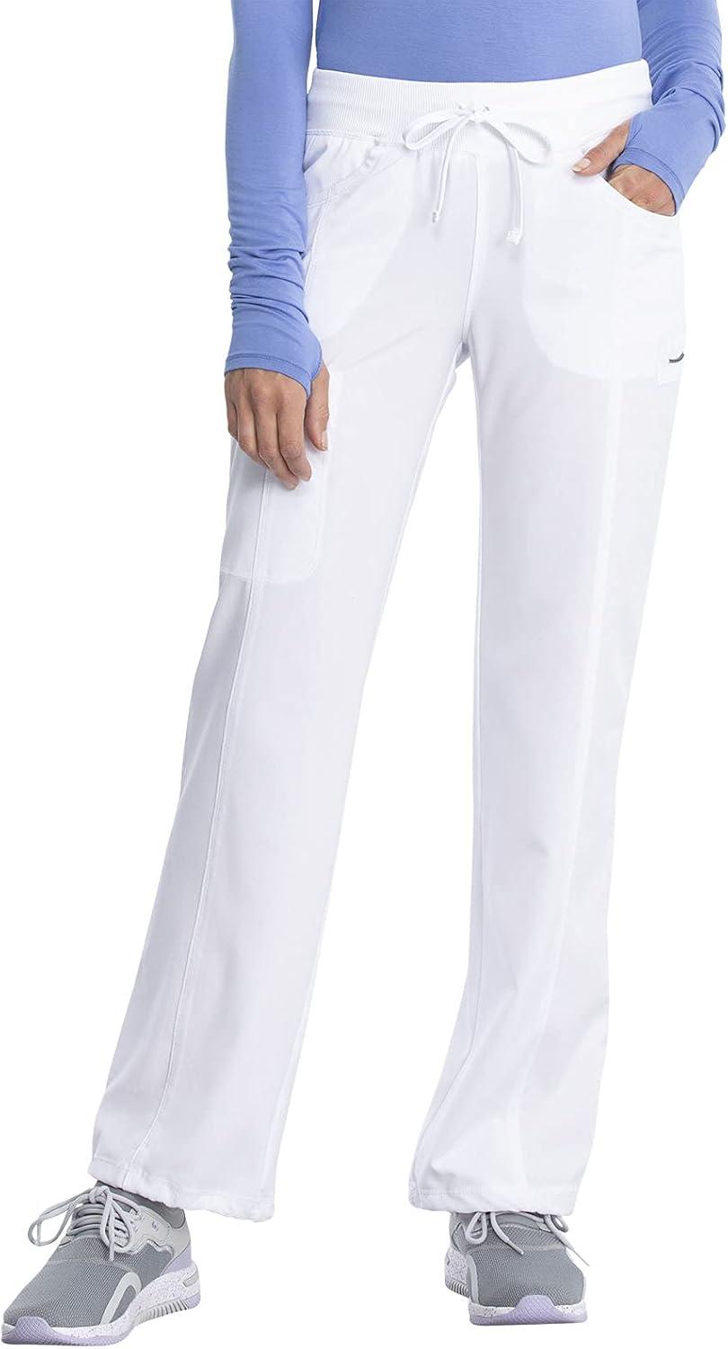 imageCherokee Women Scrub Sets Contemporary Fit 3 Pocket Rib Knit Panel Top CK623A 4 Pocket Low Rise Straight Leg Pant 1123AWhite