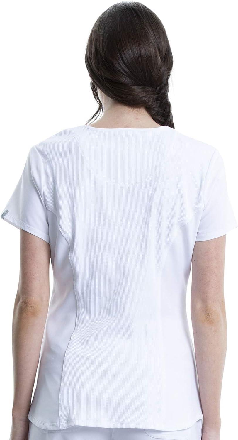 imageCherokee Women Scrub Sets Contemporary Fit 3 Pocket Rib Knit Panel Top CK623A 4 Pocket Low Rise Straight Leg Pant 1123AWhite