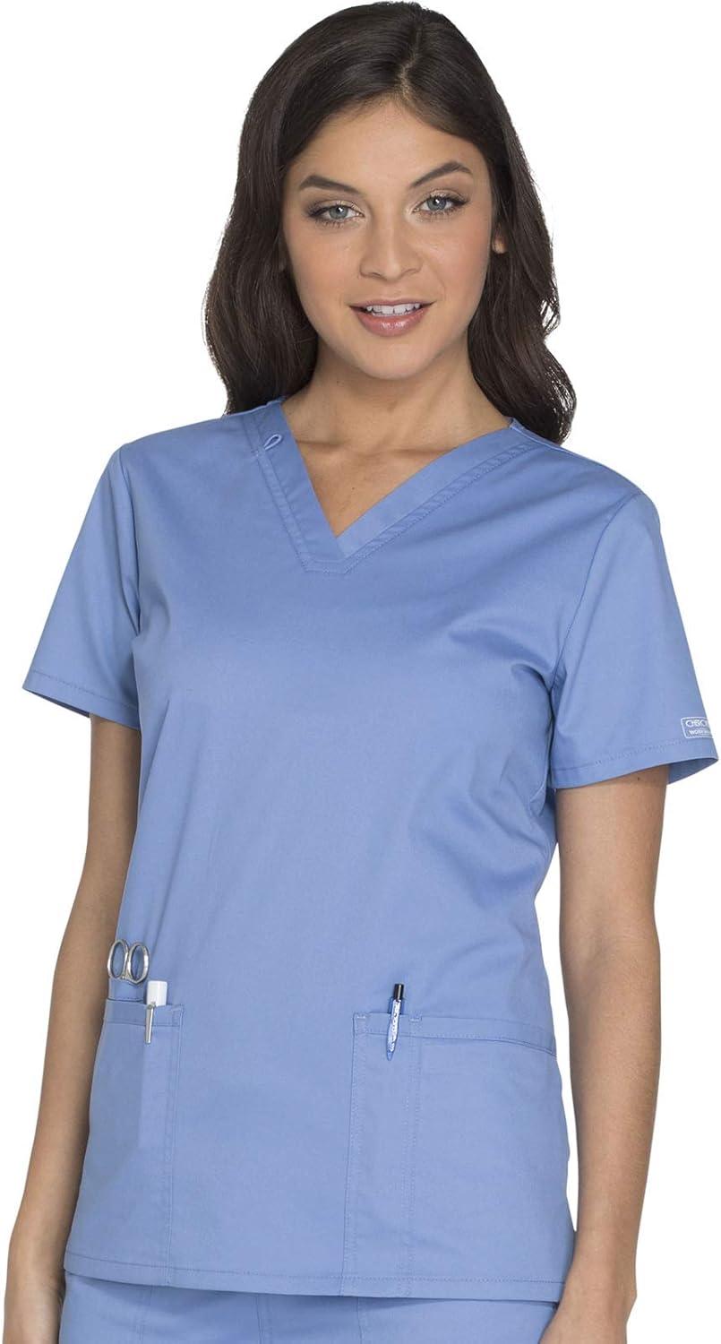 imageCherokee Womens Scrub Set 3 Pockets VNeck Top WW630 With 4 Pocket Mid Rise Drawstring Cargo Pant 4044Ciel