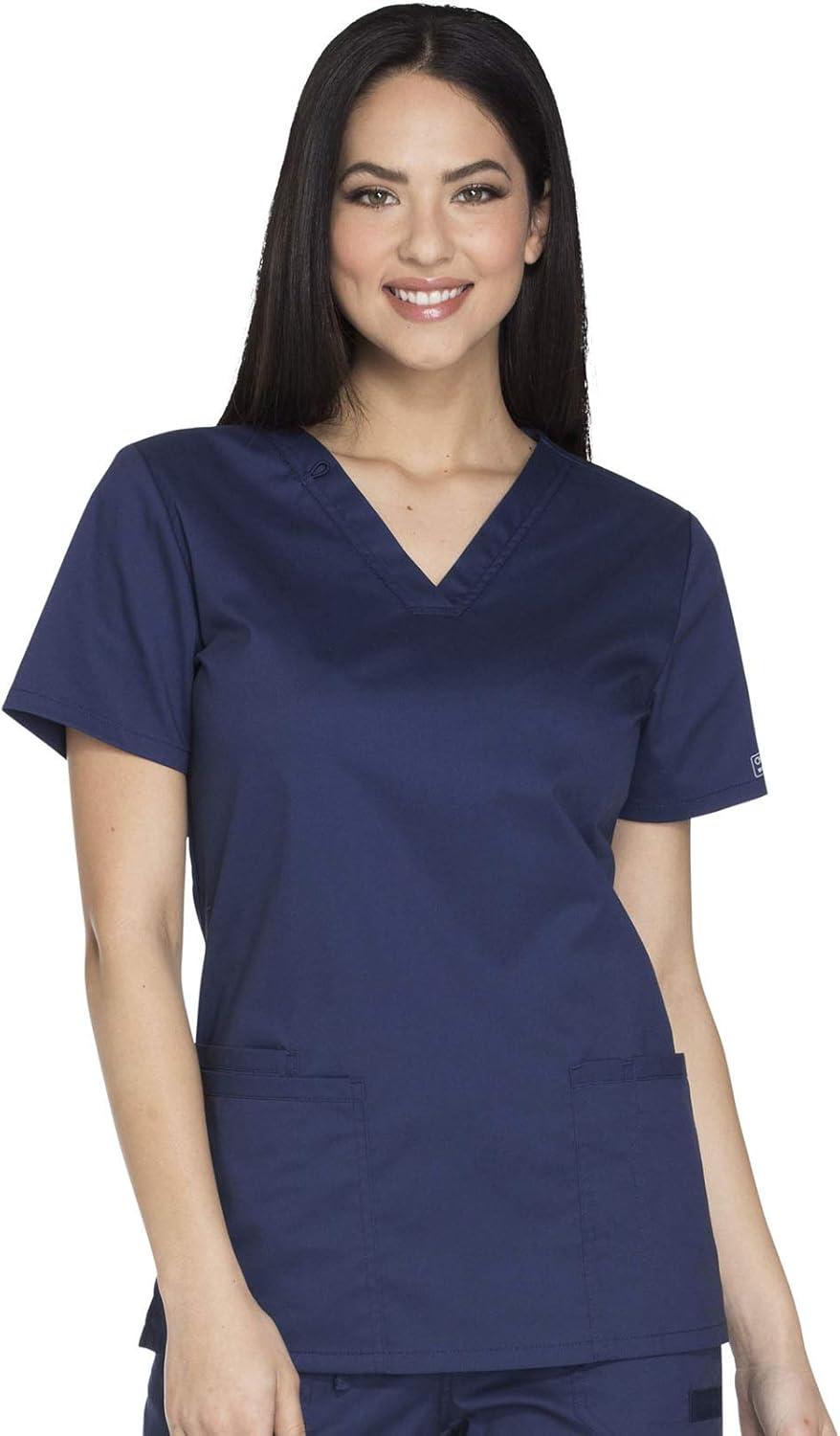 imageCherokee Womens Scrub Set 3 Pockets VNeck Top WW630 With 4 Pocket Mid Rise Drawstring Cargo Pant 4044Navy