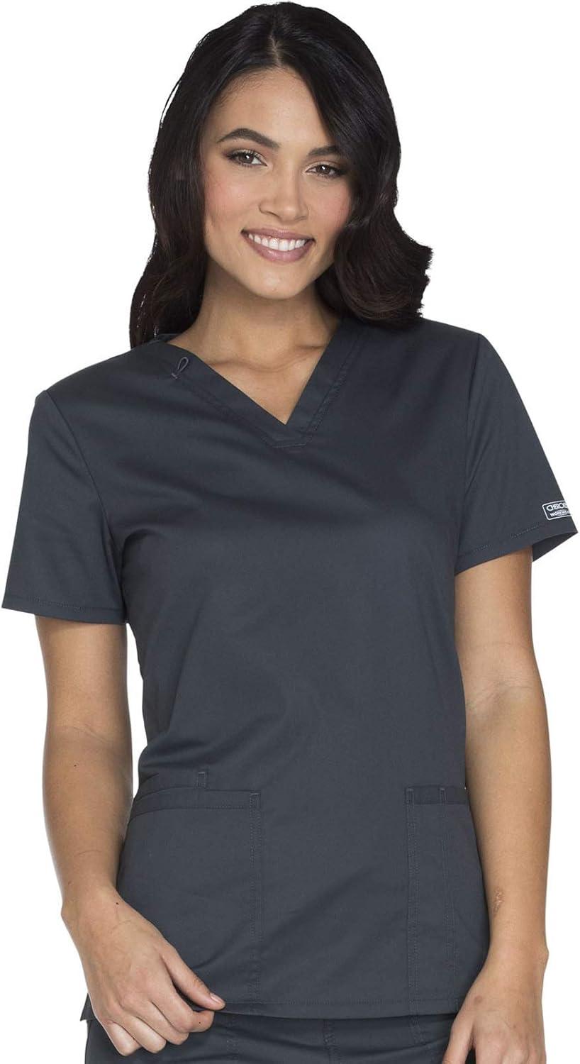imageCherokee Womens Scrub Set 3 Pockets VNeck Top WW630 With 4 Pocket Mid Rise Drawstring Cargo Pant 4044Pewter