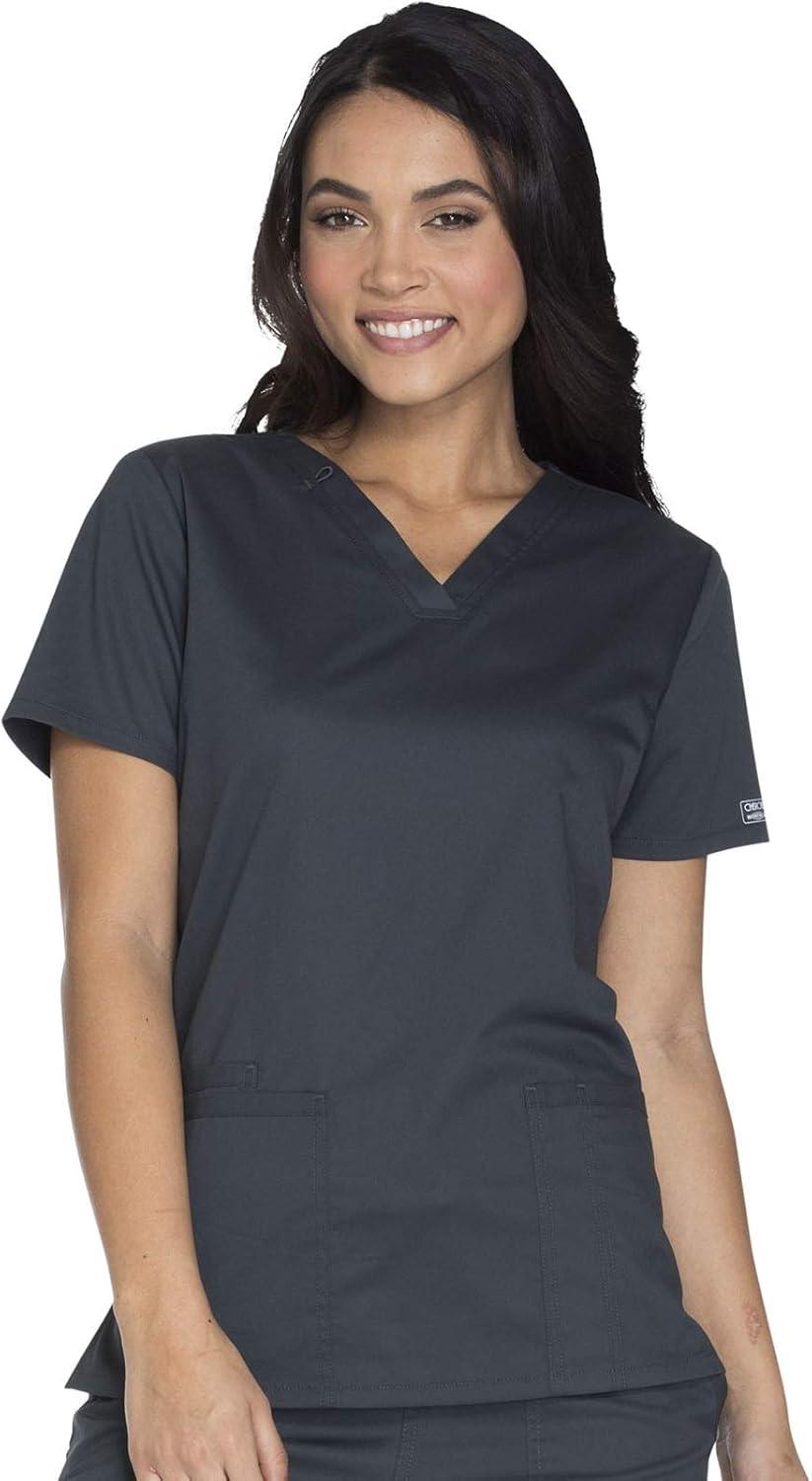 imageCherokee Womens Scrub Set 3 Pockets VNeck Top WW630 With 4 Pocket Mid Rise Drawstring Cargo Pant 4044Pewter