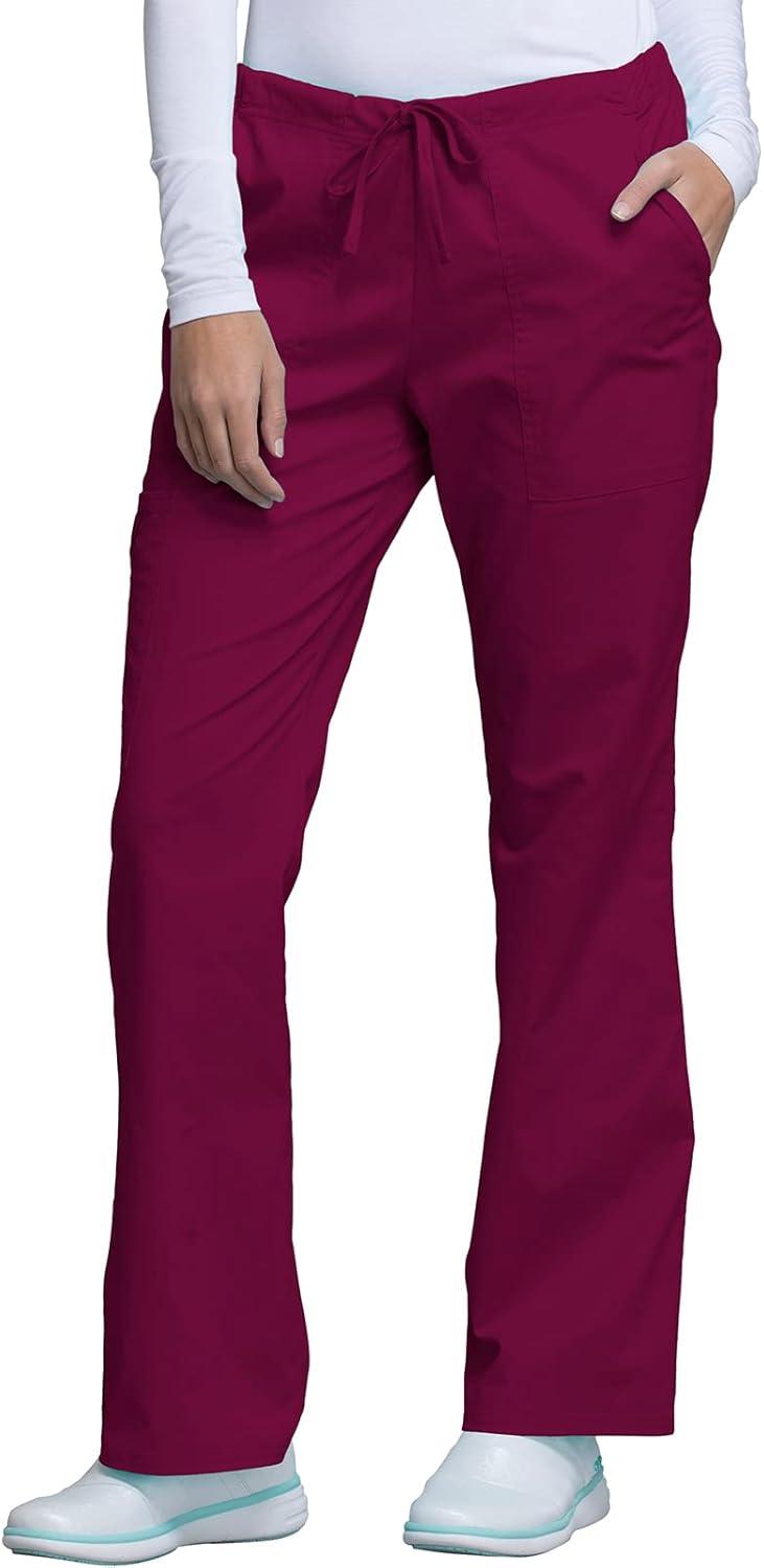 imageCherokee Womens Scrub Set 3 Pockets VNeck Top WW630 With 4 Pocket Mid Rise Drawstring Cargo Pant 4044Wine