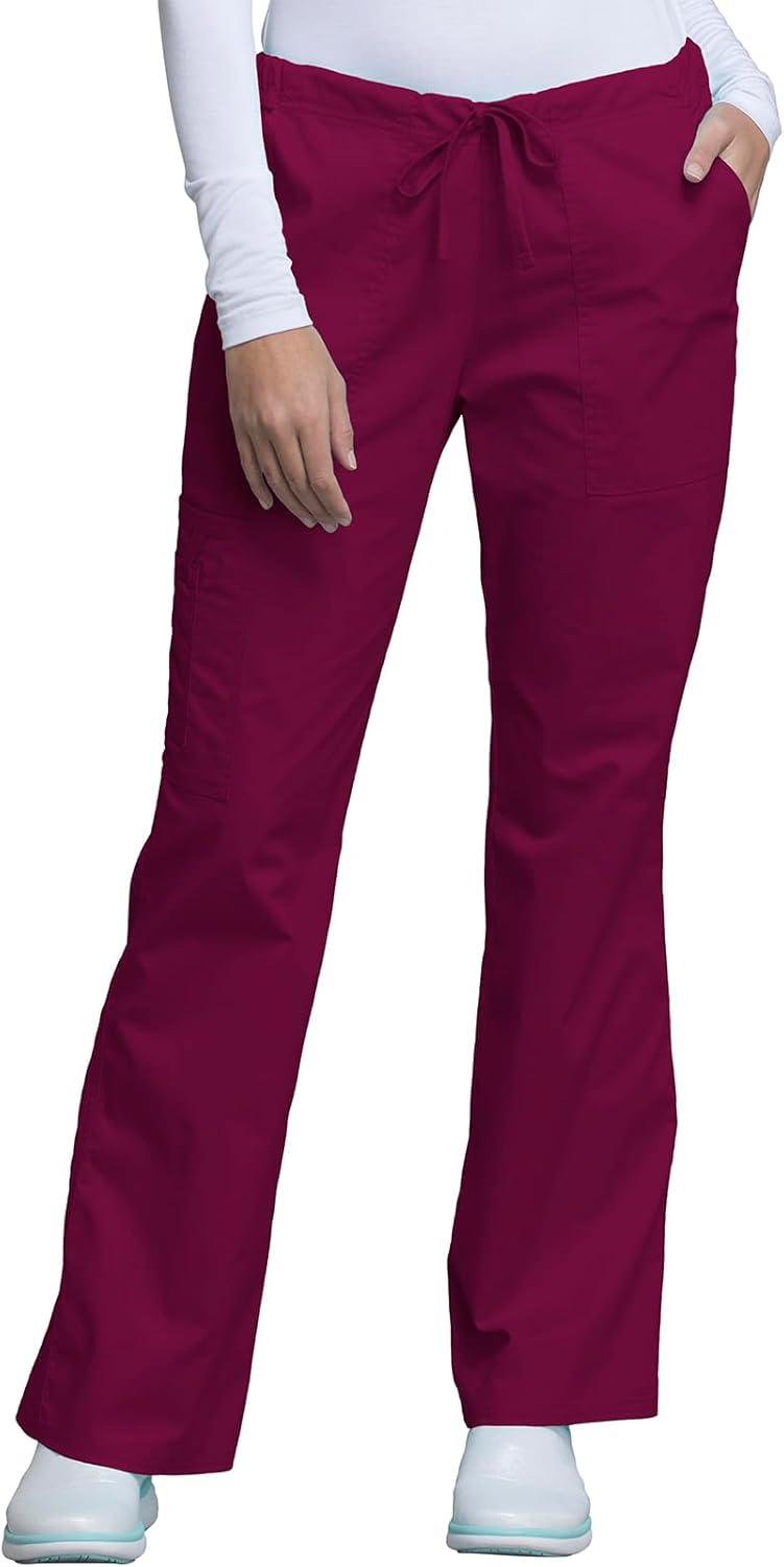 imageCherokee Womens Scrub Set 3 Pockets VNeck Top WW630 With 4 Pocket Mid Rise Drawstring Cargo Pant 4044Wine