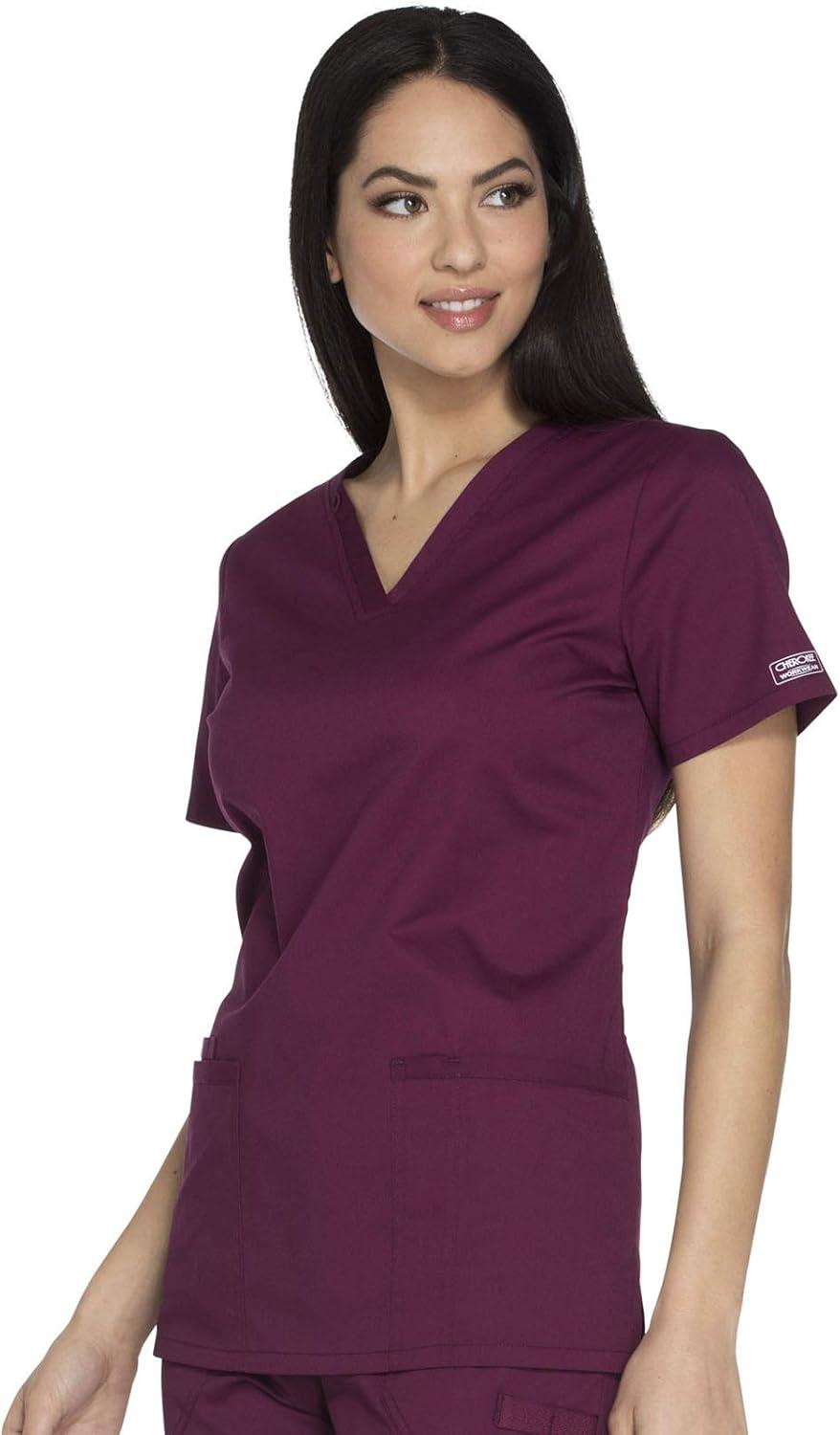 imageCherokee Womens Scrub Set 3 Pockets VNeck Top WW630 With 4 Pocket Mid Rise Drawstring Cargo Pant 4044Wine