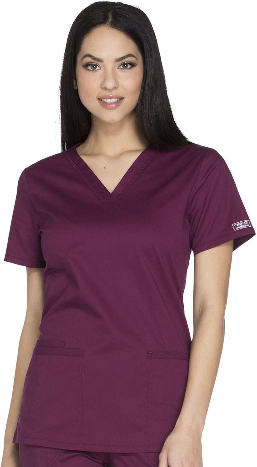 imageCherokee Womens Scrub Set 3 Pockets VNeck Top WW630 With 4 Pocket Mid Rise Drawstring Cargo Pant 4044Wine
