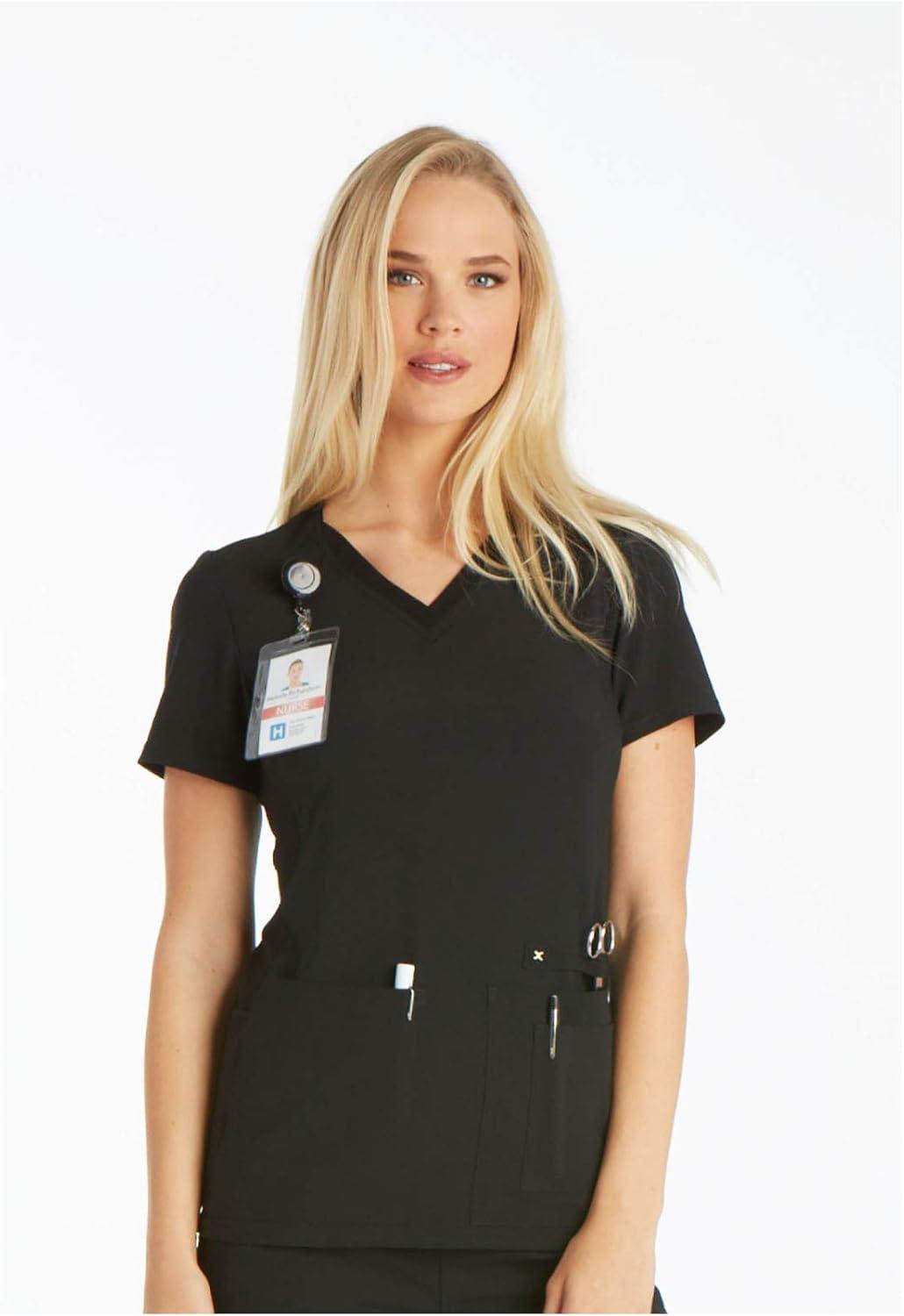 imageCherokee Womens Scrub Set Contemporary Fit Mid Rise 6 Pocket Straight Leg Pant CK002 and 4 Pocket VNeck Top CK605Black