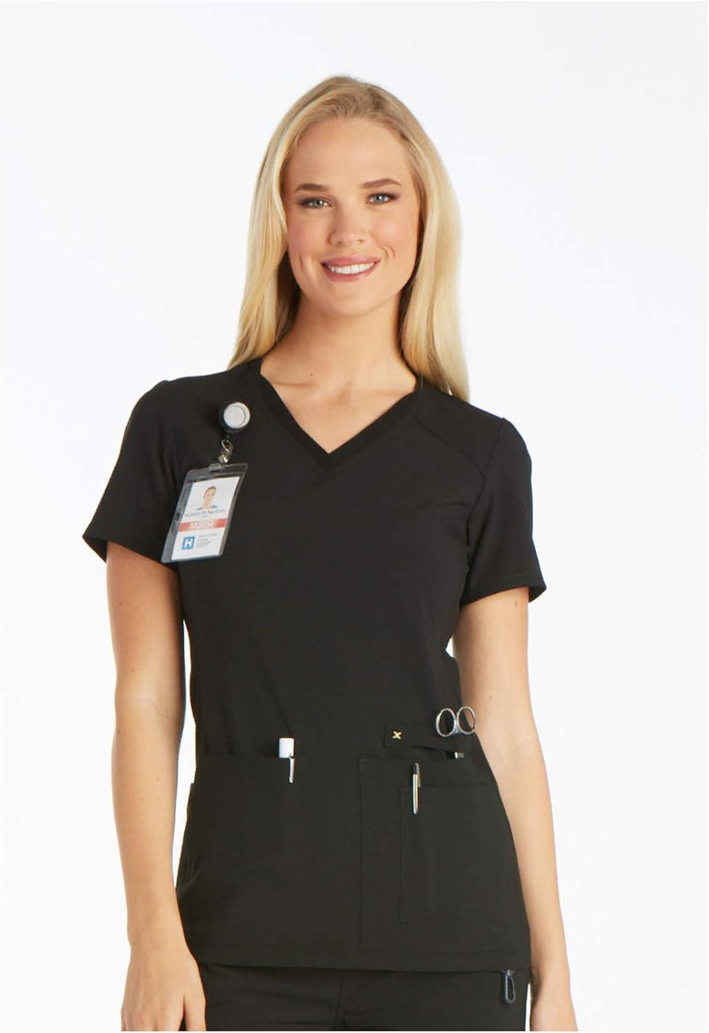 imageCherokee Womens Scrub Set Contemporary Fit Mid Rise 6 Pocket Straight Leg Pant CK002 and 4 Pocket VNeck Top CK605Black