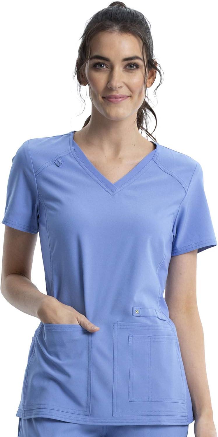 imageCherokee Womens Scrub Set Contemporary Fit Mid Rise 6 Pocket Straight Leg Pant CK002 and 4 Pocket VNeck Top CK605Ciel
