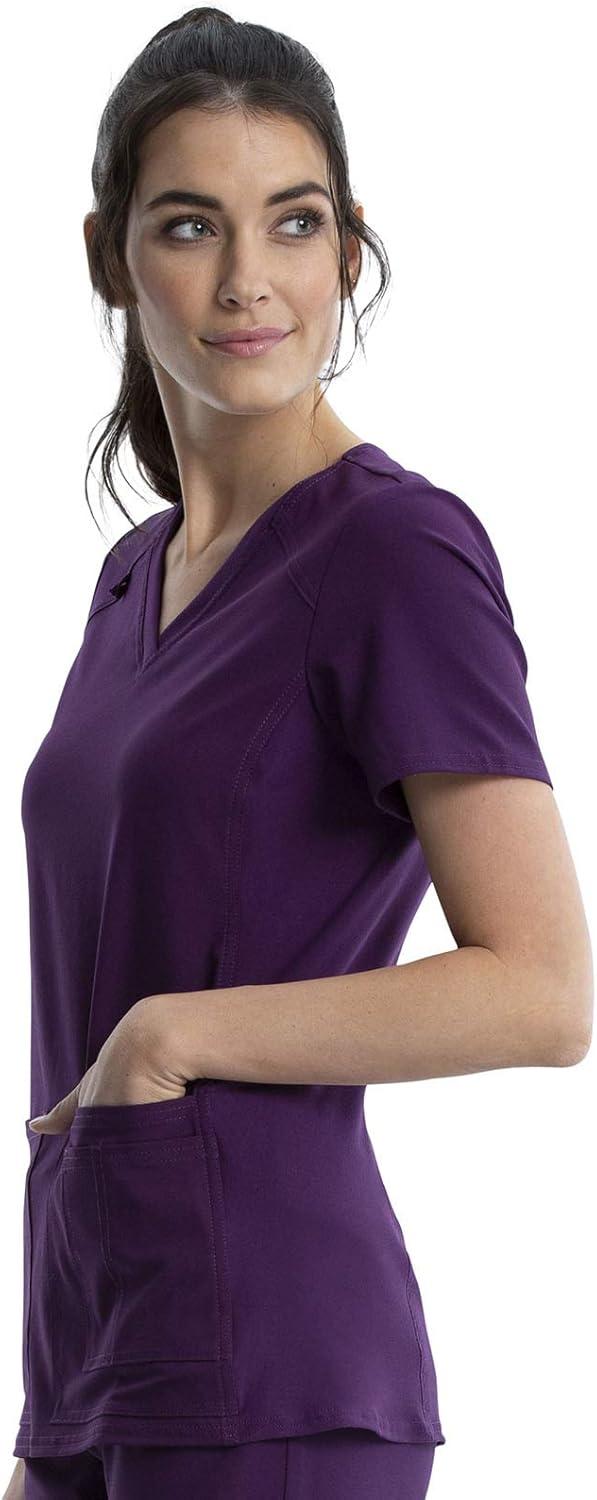imageCherokee Womens Scrub Set Contemporary Fit Mid Rise 6 Pocket Straight Leg Pant CK002 and 4 Pocket VNeck Top CK605Eggplant