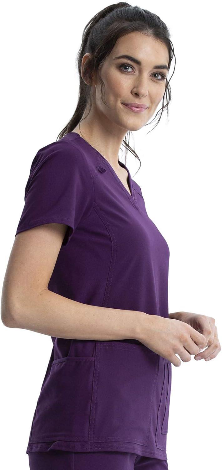 imageCherokee Womens Scrub Set Contemporary Fit Mid Rise 6 Pocket Straight Leg Pant CK002 and 4 Pocket VNeck Top CK605Eggplant