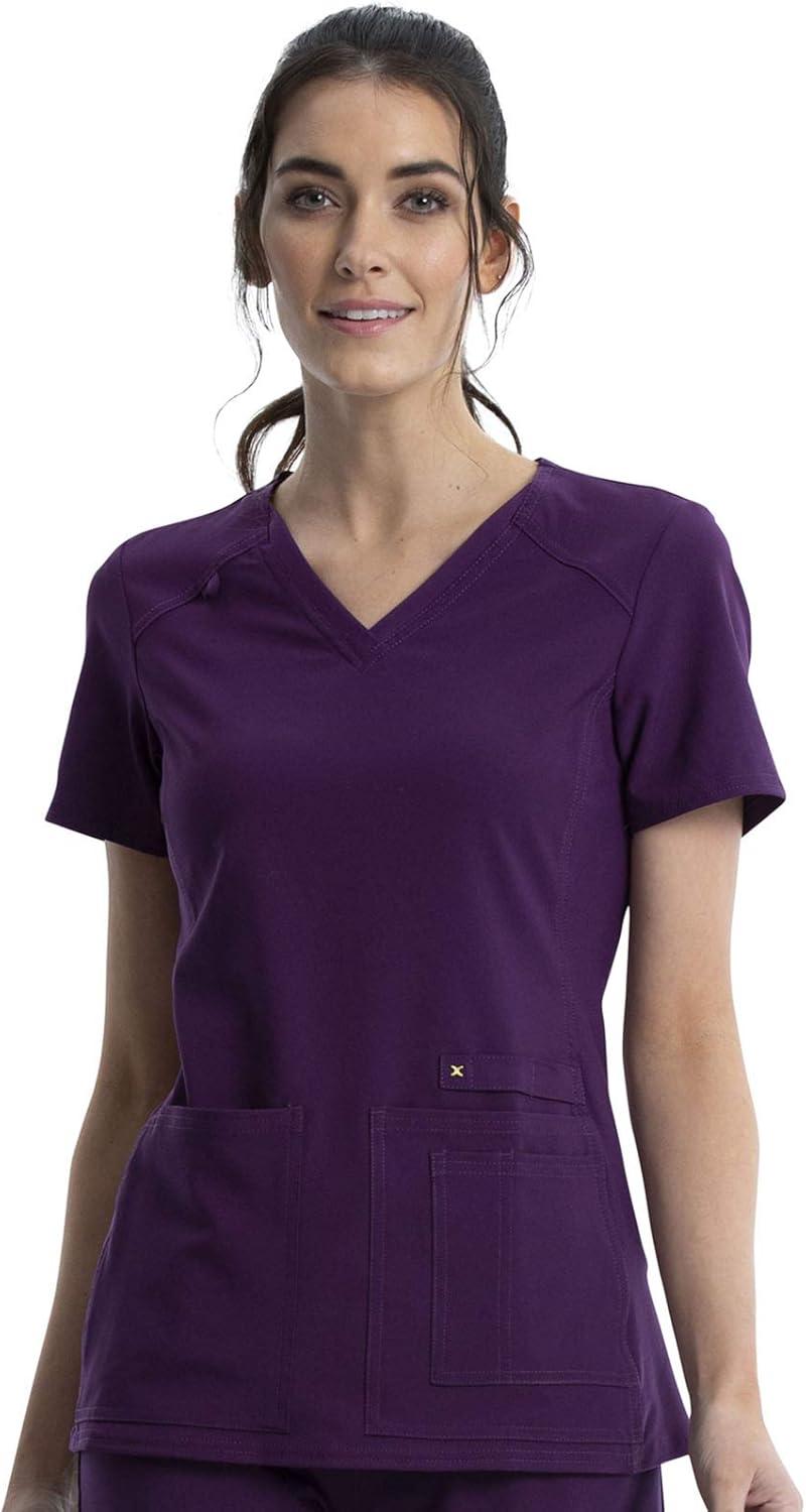 imageCherokee Womens Scrub Set Contemporary Fit Mid Rise 6 Pocket Straight Leg Pant CK002 and 4 Pocket VNeck Top CK605Eggplant