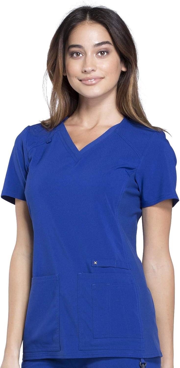 imageCherokee Womens Scrub Set Contemporary Fit Mid Rise 6 Pocket Straight Leg Pant CK002 and 4 Pocket VNeck Top CK605Galaxy Blue