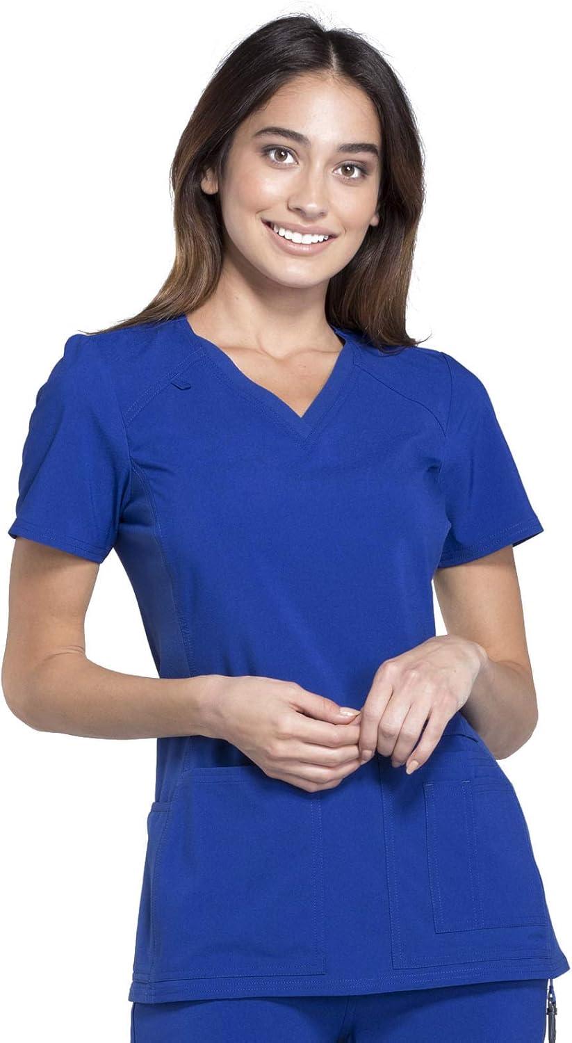 imageCherokee Womens Scrub Set Contemporary Fit Mid Rise 6 Pocket Straight Leg Pant CK002 and 4 Pocket VNeck Top CK605Galaxy Blue