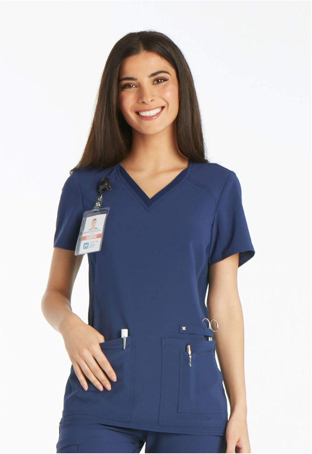 imageCherokee Womens Scrub Set Contemporary Fit Mid Rise 6 Pocket Straight Leg Pant CK002 and 4 Pocket VNeck Top CK605Navy