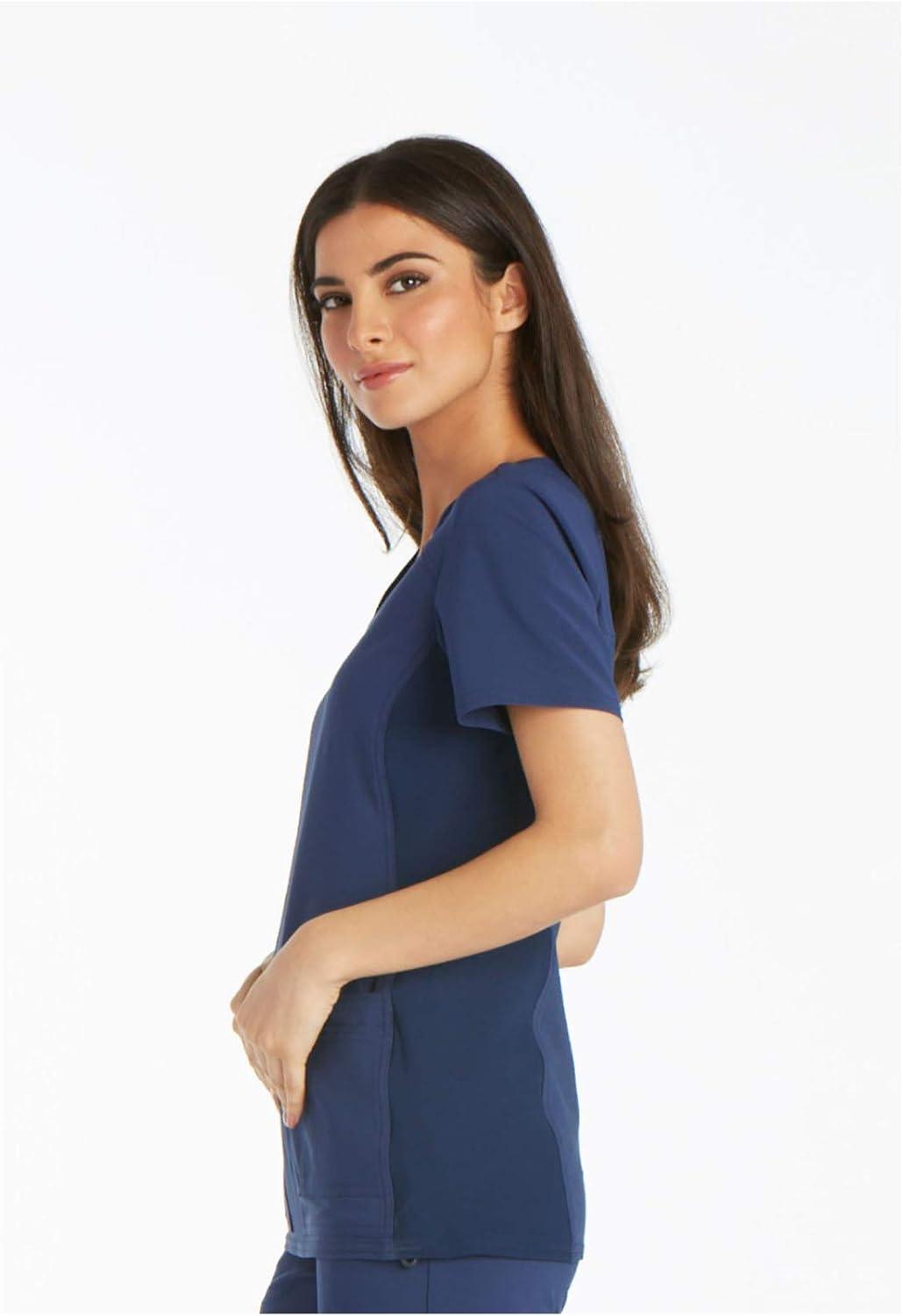 imageCherokee Womens Scrub Set Contemporary Fit Mid Rise 6 Pocket Straight Leg Pant CK002 and 4 Pocket VNeck Top CK605Navy