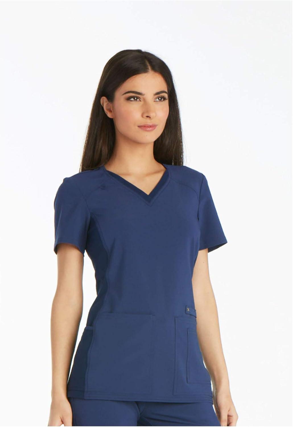 imageCherokee Womens Scrub Set Contemporary Fit Mid Rise 6 Pocket Straight Leg Pant CK002 and 4 Pocket VNeck Top CK605Navy