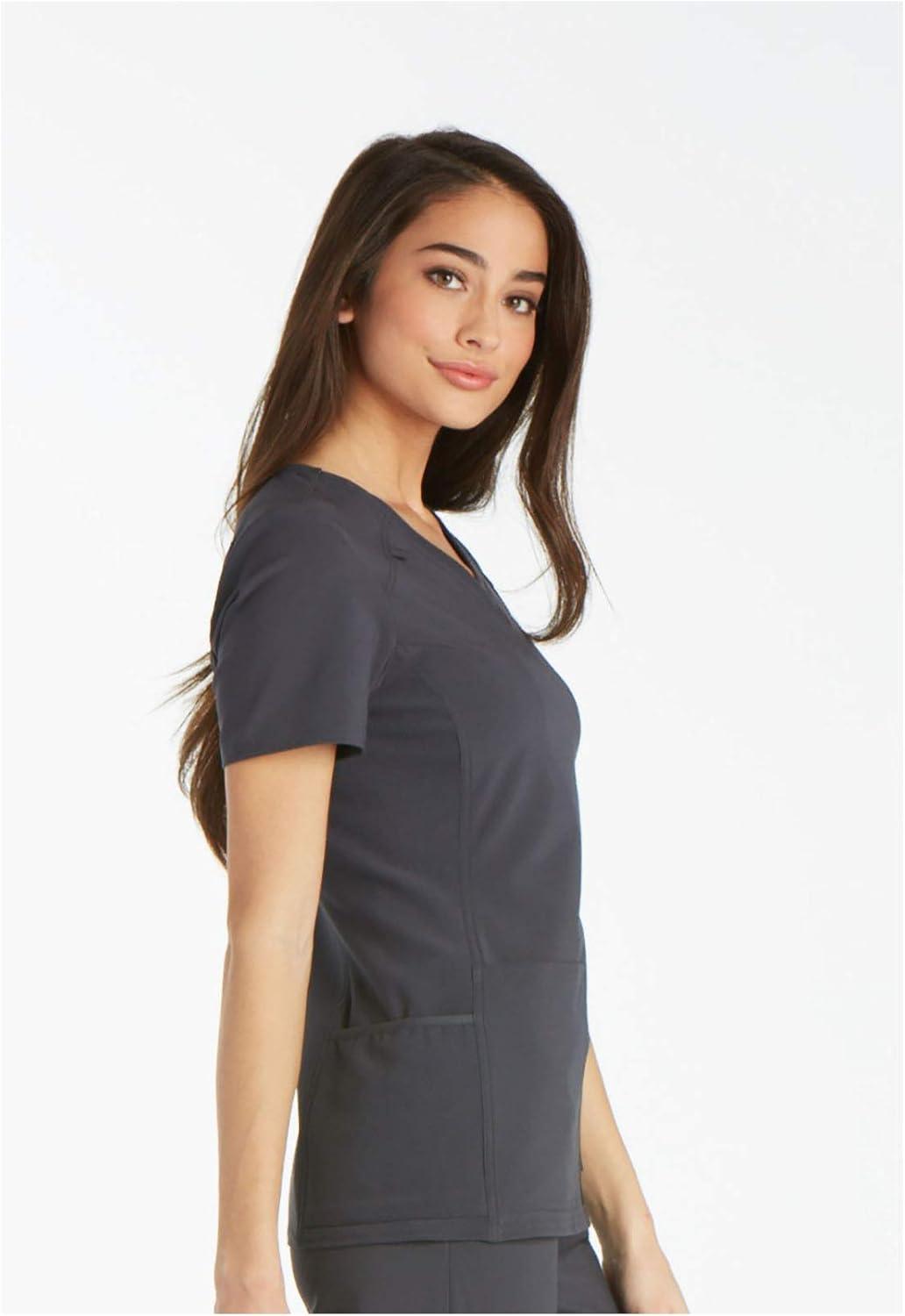 imageCherokee Womens Scrub Set Contemporary Fit Mid Rise 6 Pocket Straight Leg Pant CK002 and 4 Pocket VNeck Top CK605Pewter