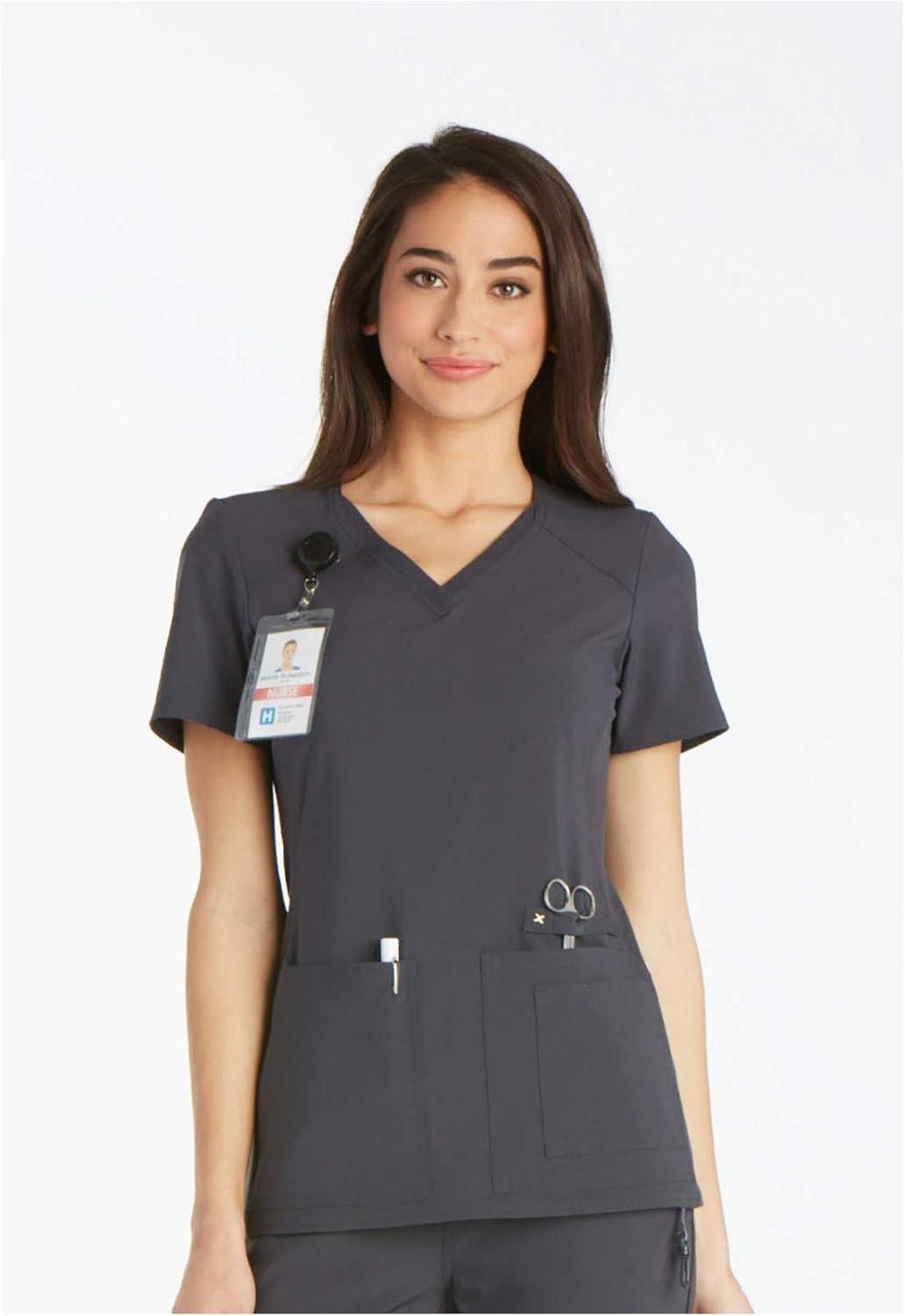 imageCherokee Womens Scrub Set Contemporary Fit Mid Rise 6 Pocket Straight Leg Pant CK002 and 4 Pocket VNeck Top CK605Pewter
