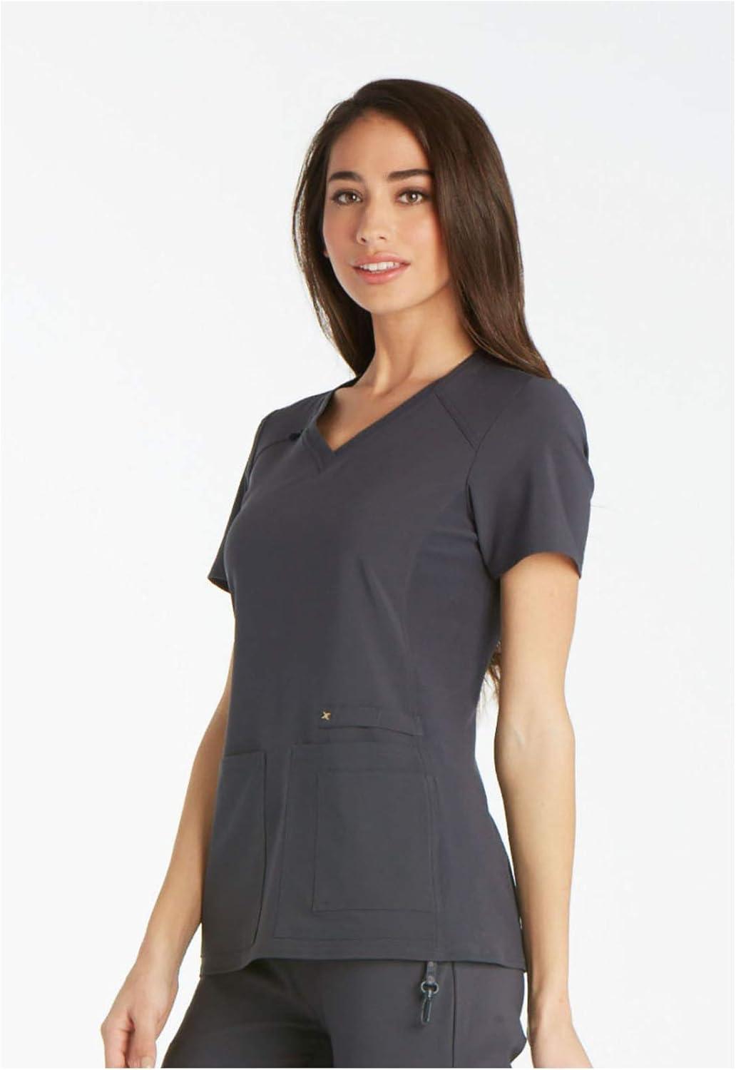 imageCherokee Womens Scrub Set Contemporary Fit Mid Rise 6 Pocket Straight Leg Pant CK002 and 4 Pocket VNeck Top CK605Pewter