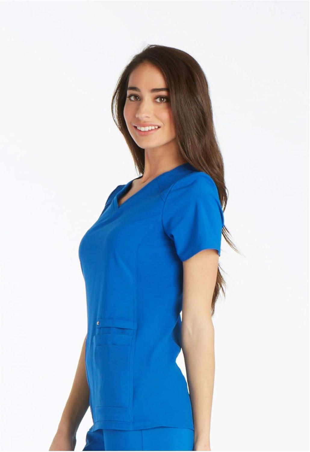imageCherokee Womens Scrub Set Contemporary Fit Mid Rise 6 Pocket Straight Leg Pant CK002 and 4 Pocket VNeck Top CK605Royal