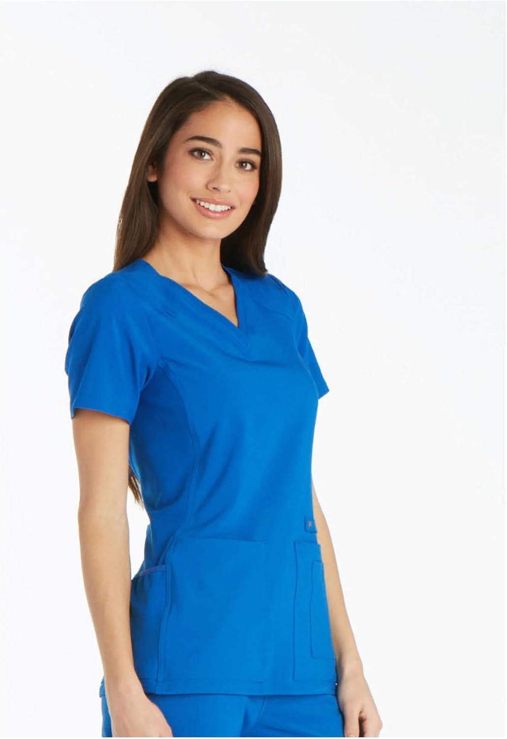 imageCherokee Womens Scrub Set Contemporary Fit Mid Rise 6 Pocket Straight Leg Pant CK002 and 4 Pocket VNeck Top CK605Royal
