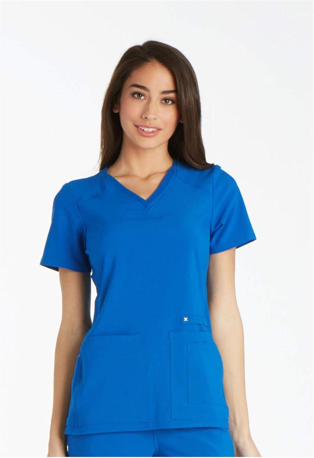 imageCherokee Womens Scrub Set Contemporary Fit Mid Rise 6 Pocket Straight Leg Pant CK002 and 4 Pocket VNeck Top CK605Royal