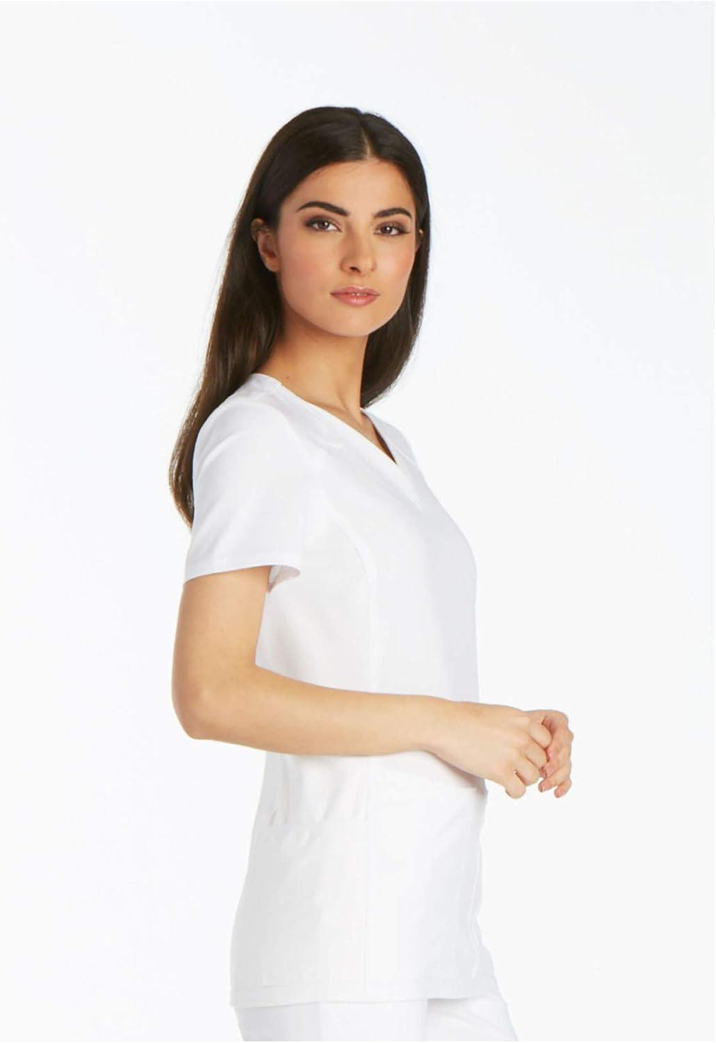 imageCherokee Womens Scrub Set Contemporary Fit Mid Rise 6 Pocket Straight Leg Pant CK002 and 4 Pocket VNeck Top CK605White