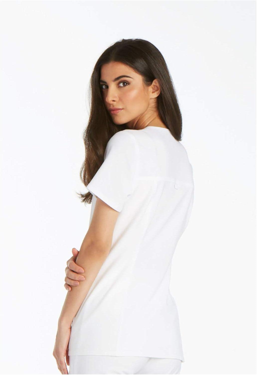 imageCherokee Womens Scrub Set Contemporary Fit Mid Rise 6 Pocket Straight Leg Pant CK002 and 4 Pocket VNeck Top CK605White
