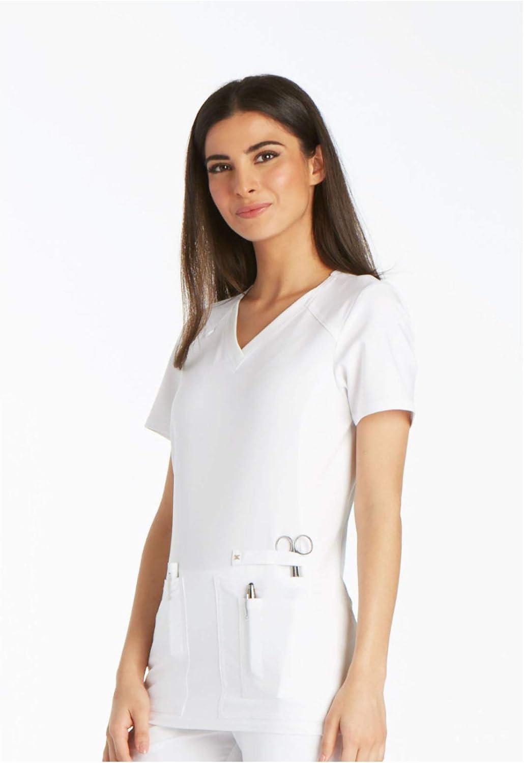 imageCherokee Womens Scrub Set Contemporary Fit Mid Rise 6 Pocket Straight Leg Pant CK002 and 4 Pocket VNeck Top CK605White