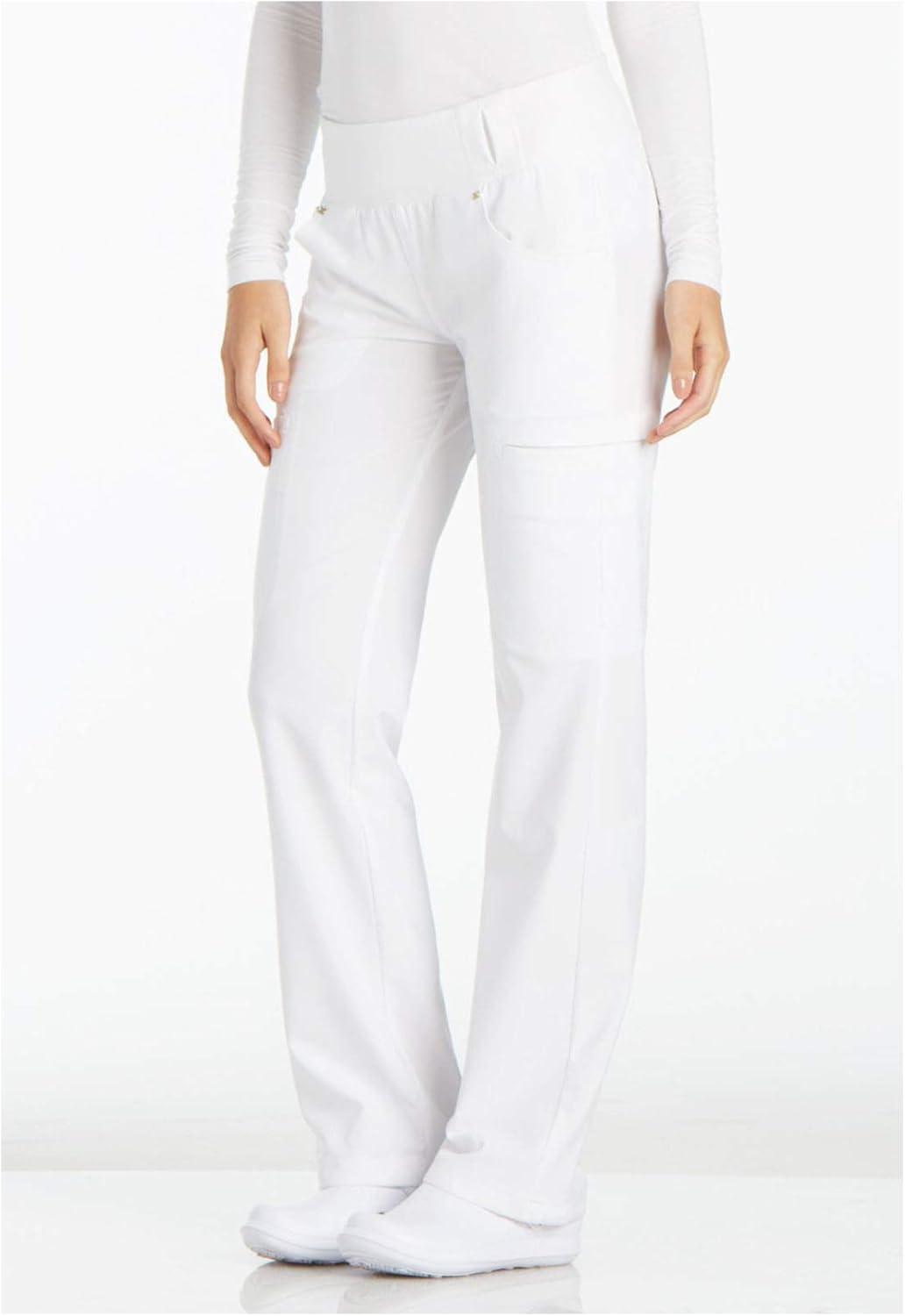imageCherokee Womens Scrub Set Contemporary Fit Mid Rise 6 Pocket Straight Leg Pant CK002 and 4 Pocket VNeck Top CK605White