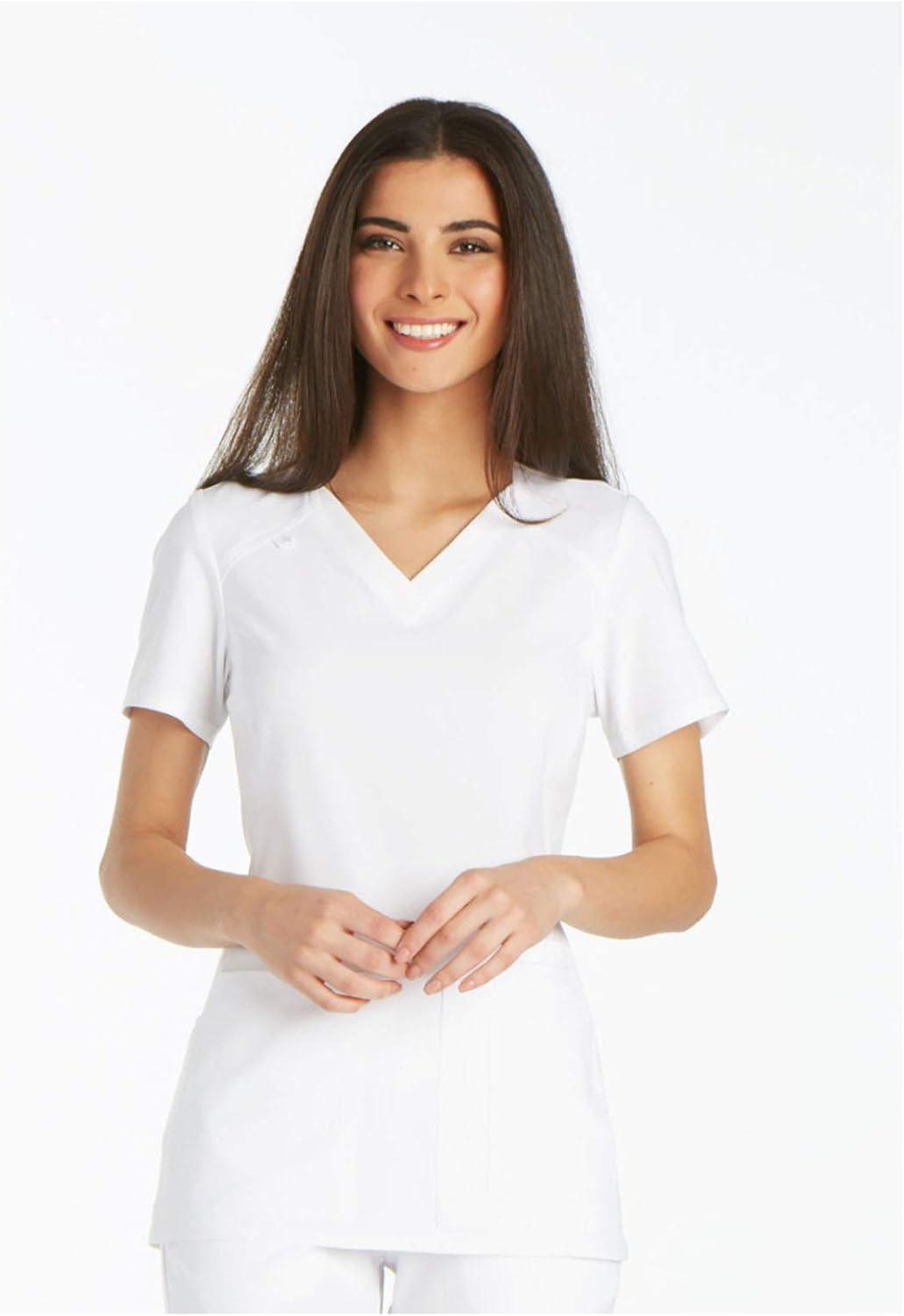 imageCherokee Womens Scrub Set Contemporary Fit Mid Rise 6 Pocket Straight Leg Pant CK002 and 4 Pocket VNeck Top CK605White